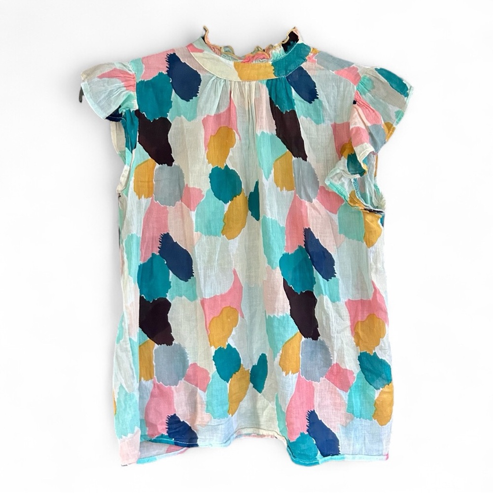 THML 100% Cotton Bold Abstract Blouse | High Ruffle Neck Flutter Sleeve | Size S